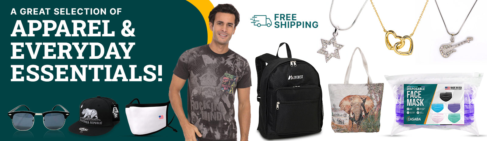 A guy with Everyday Essentials and text: A great selection of Apparel & Everyday Essentials and free shipping