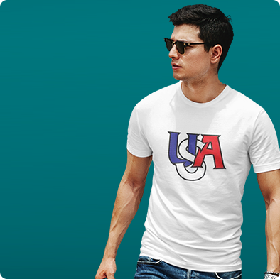 Man in a white tee with a colorful 'USA' logo, sunglasses, and jeans, against a teal backdrop