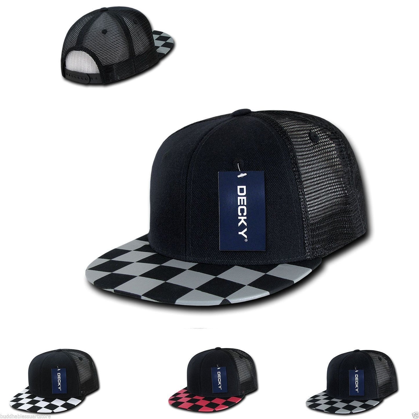 1 Dozen Decky 6 Panel Flat Bill Checkered Trucker Race Flag Hats Caps Wholesale Lots-