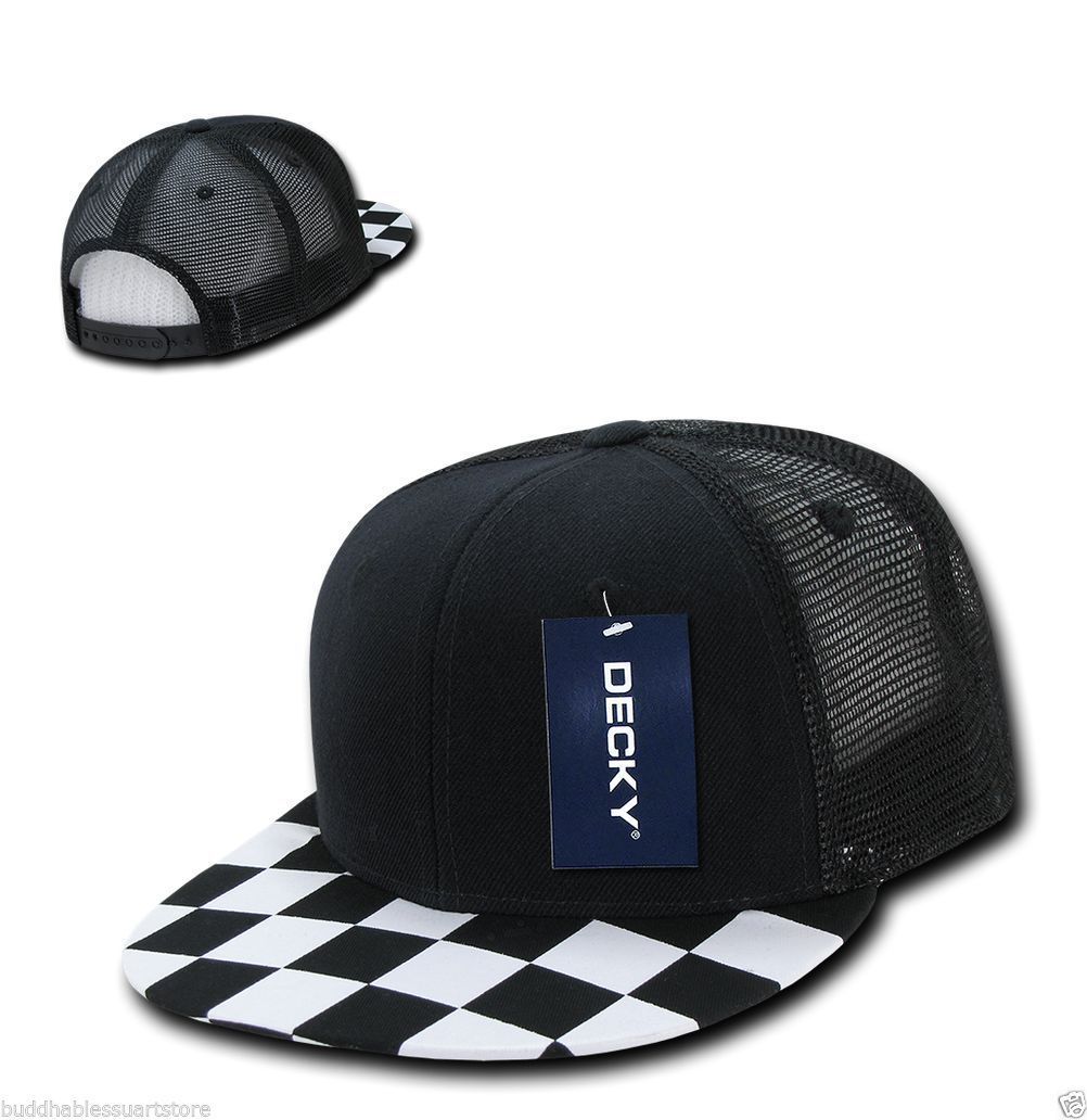 1 Dozen Decky 6 Panel Flat Bill Checkered Trucker Race Flag Hats Caps Wholesale Lots-