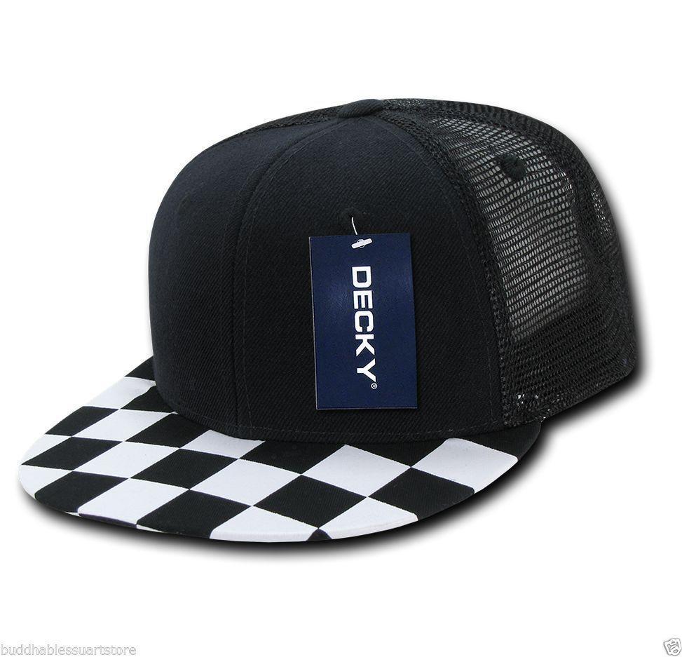 1 Dozen Decky 6 Panel Flat Bill Checkered Trucker Race Flag Hats Caps Wholesale Lots-