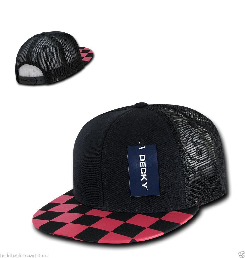 1 Dozen Decky 6 Panel Flat Bill Checkered Trucker Race Flag Hats Caps Wholesale Lots-