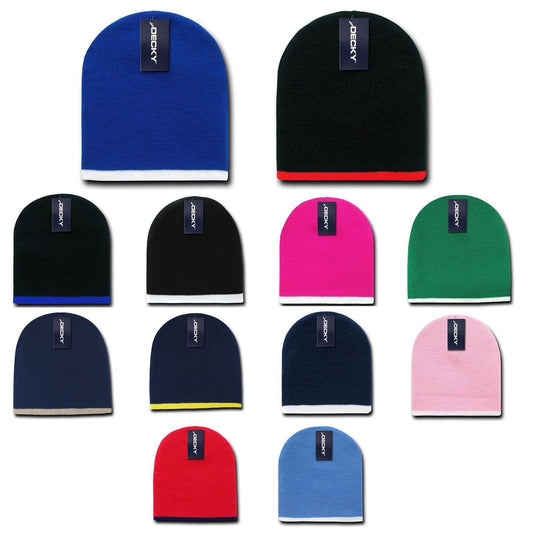 1 Dozen Decky Single Striped Two Tone Beanies Ski Skull Caps Hats Wholesale Lot-
