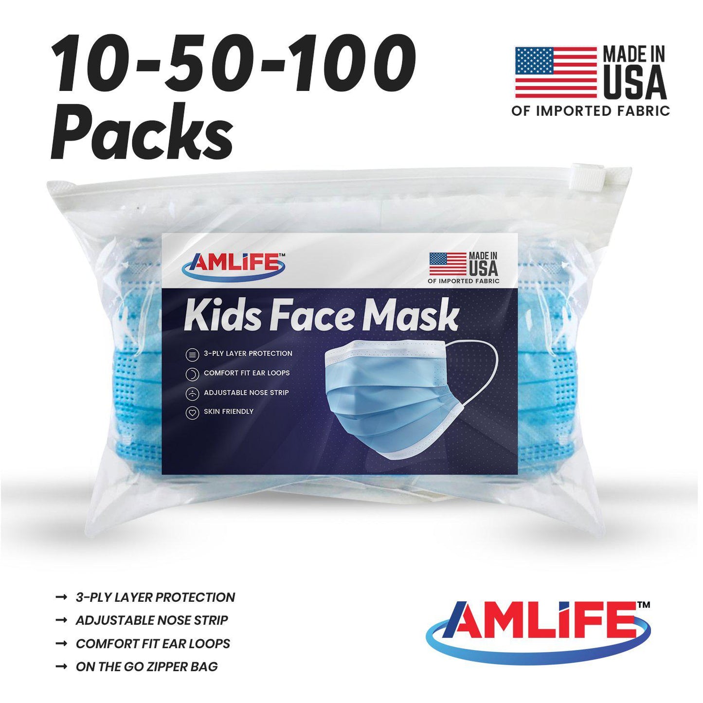 AMLIFE Kids Size Face Masks Youth Children Boys Girls Youth Mask Made in USA Imported Fabric-10 Pack-