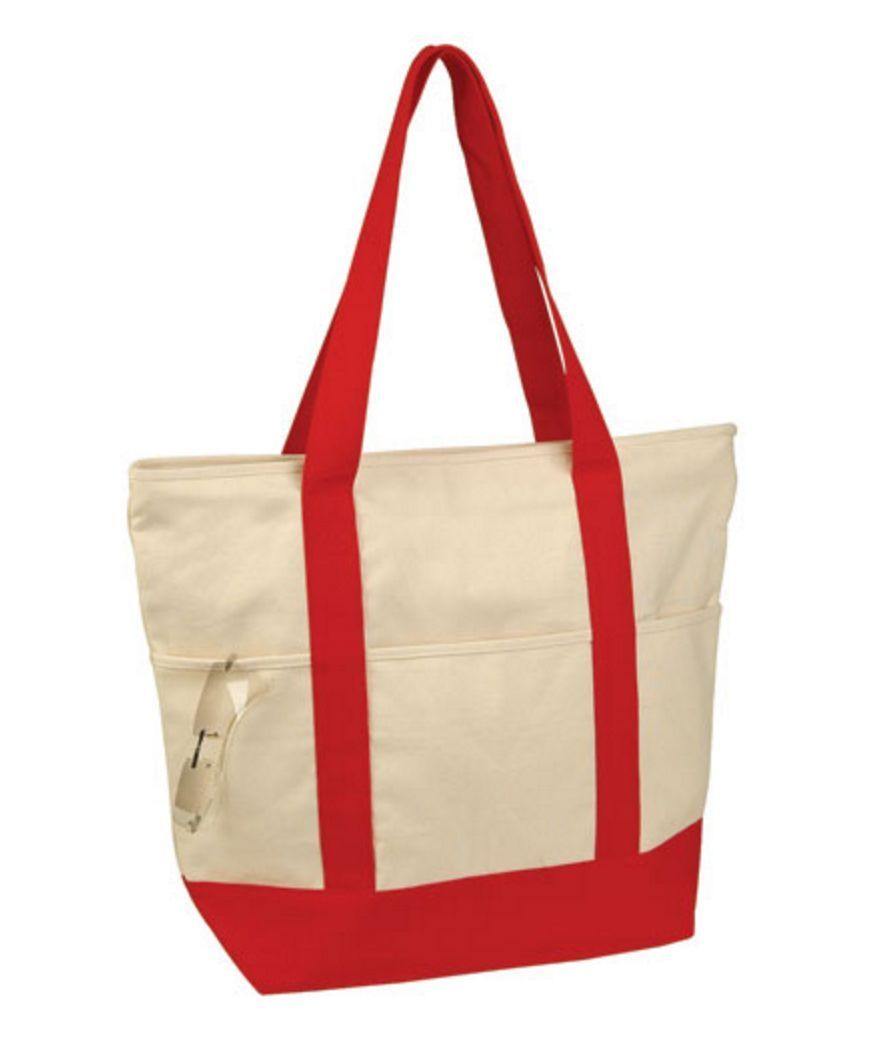 1 Dozen Large 20inch Grocery Shopping Beach Totes Bags Reusable Zippered Cotton Canvas Wholesale-RED/NATURAL-