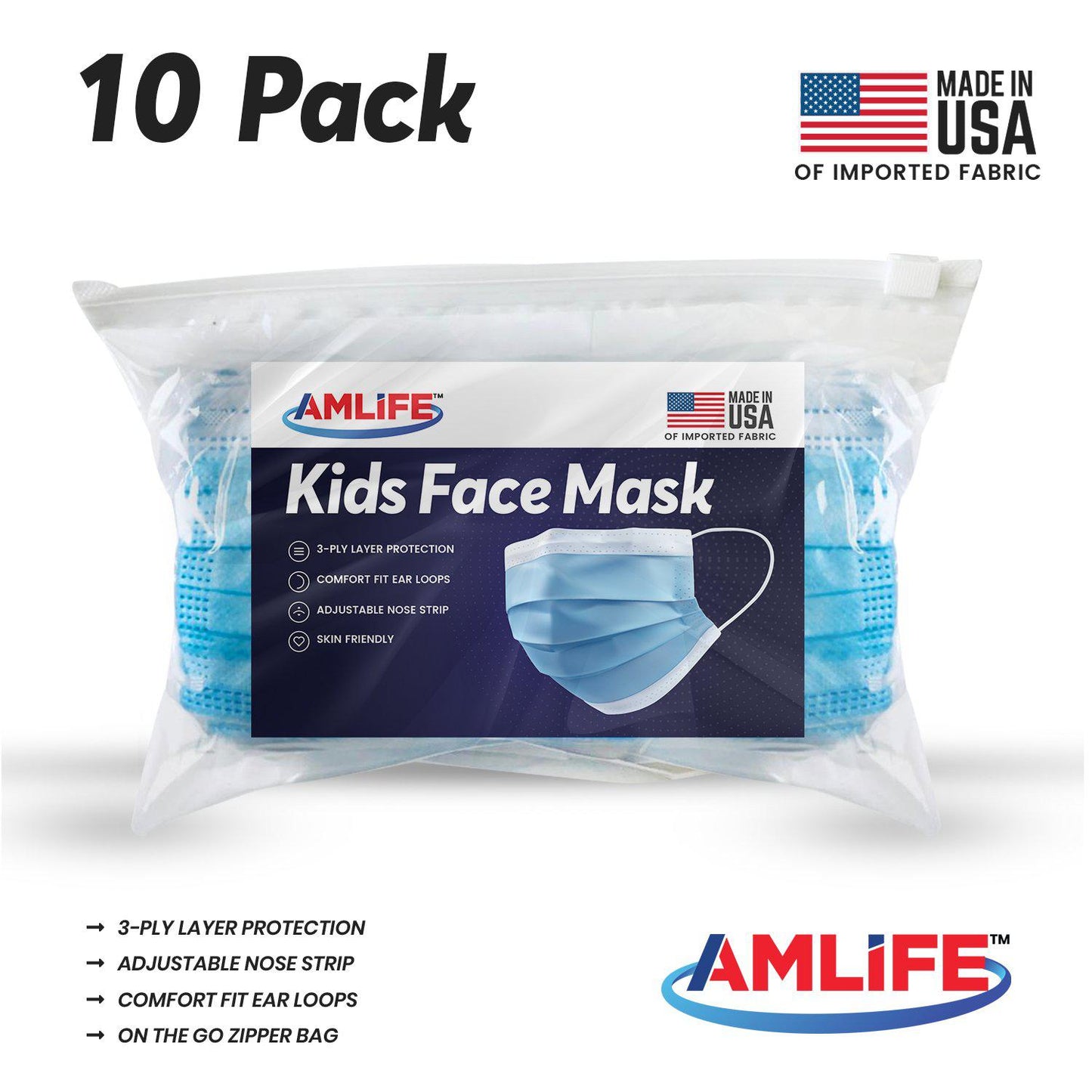 AMLIFE Kids Size Face Masks Youth Children Boys Girls Youth Mask Made in USA Imported Fabric-10 Pack-
