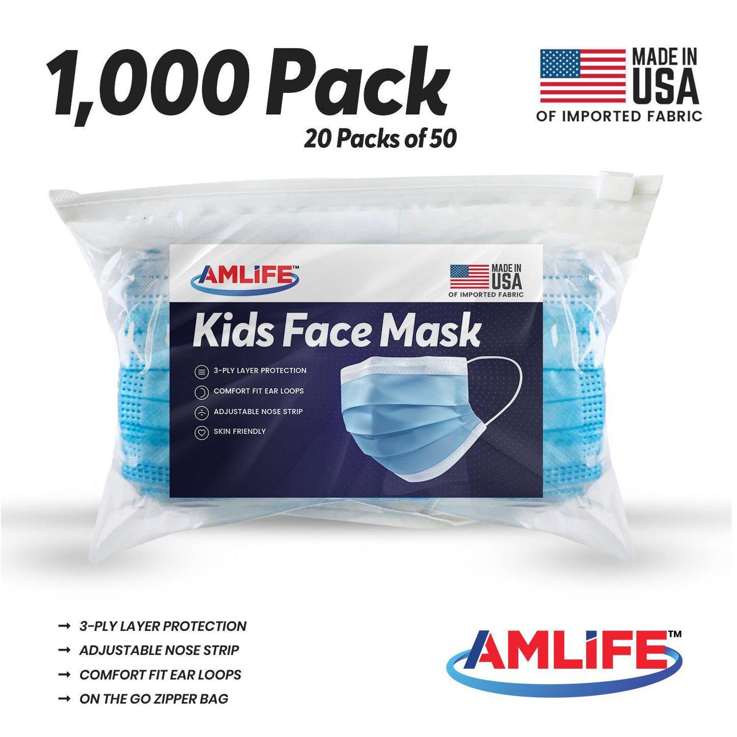 AMLIFE Kids Size Face Masks Youth Children Boys Girls Youth Mask Made in USA Imported Fabric-1000 Pack-