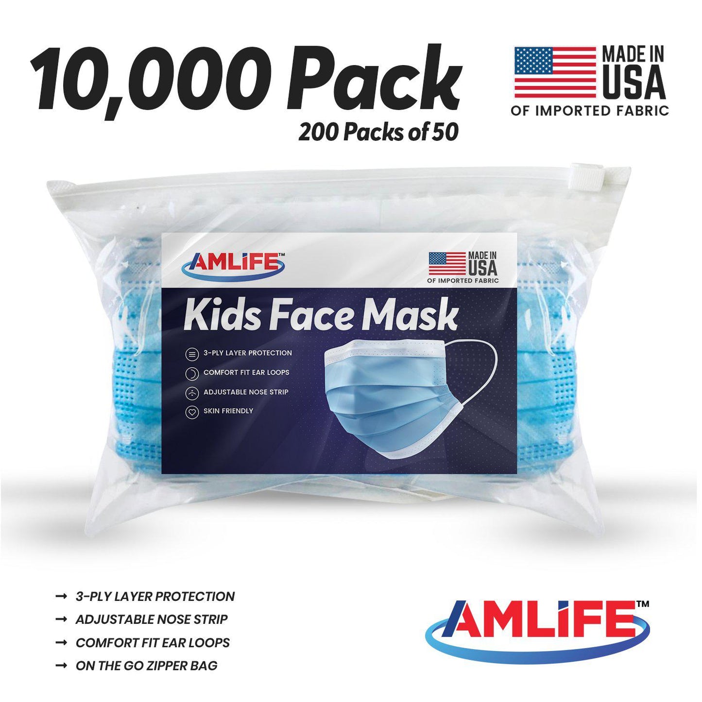 AMLIFE Kids Size Face Masks Youth Children Boys Girls Youth Mask Made in USA Imported Fabric-10000 Pack-