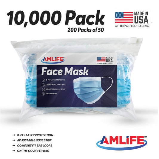 Amlife Case of 10000 Face Masks Blue Made in USA Imported Fabric Wholesale Lot Bulk Packs-