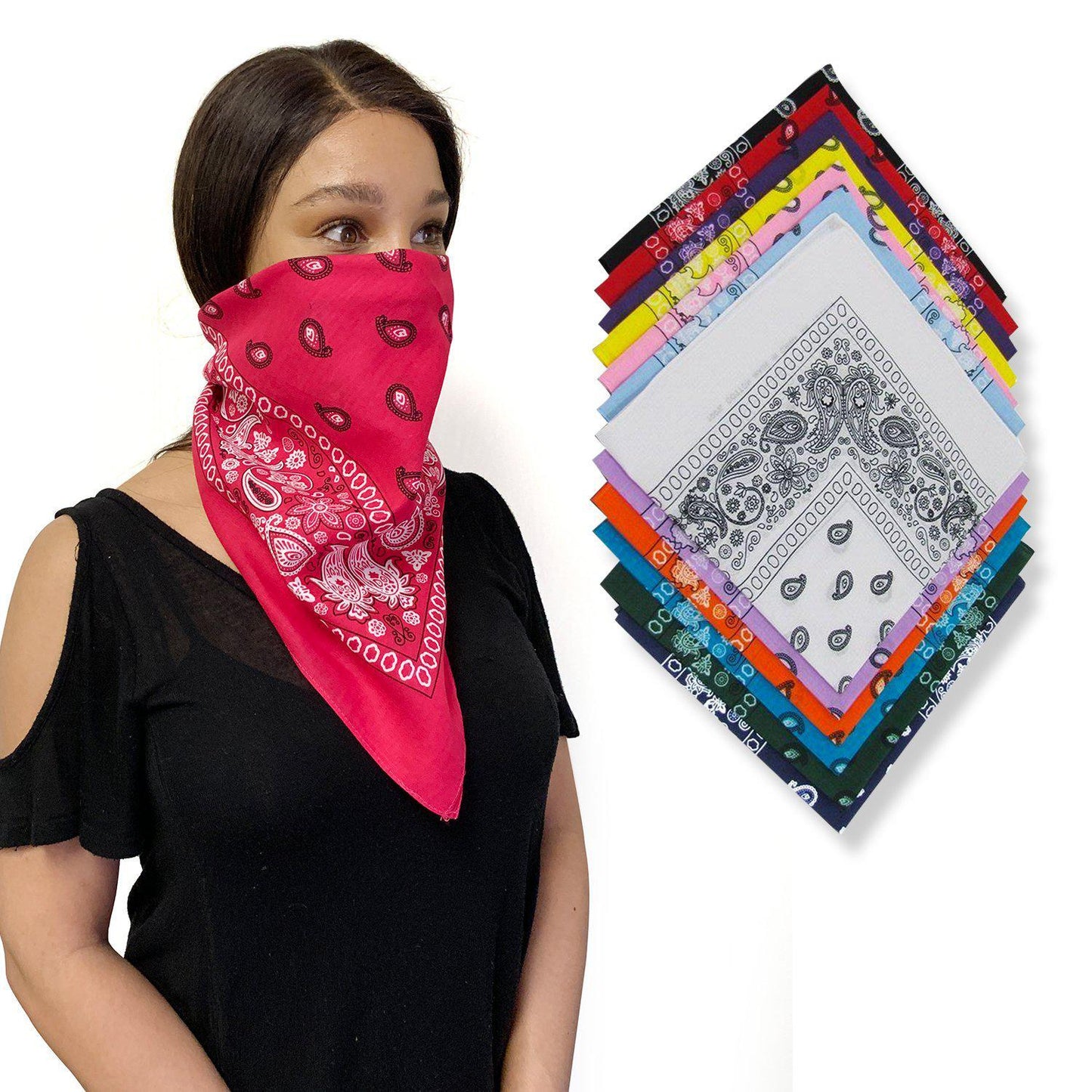 1 Dozen Pack Printed Bandanas 100% Cotton Cloth Scarf Wrap Face Mask Cover-Black-