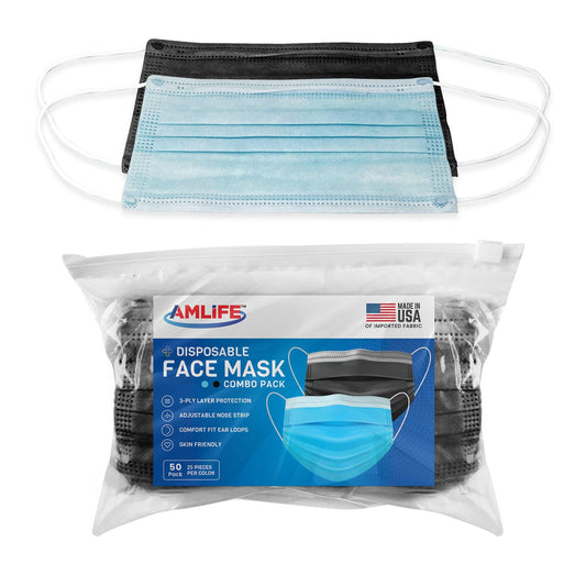 AMLIFE 50 Pack Face Masks Blue-Black Combo 3-Ply Filter - Made in USA with Imported Fabric-
