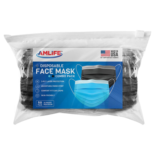 AMLIFE 50 Pack Face Masks Blue-Black Combo 3-Ply Filter - Made in USA with Imported Fabric-