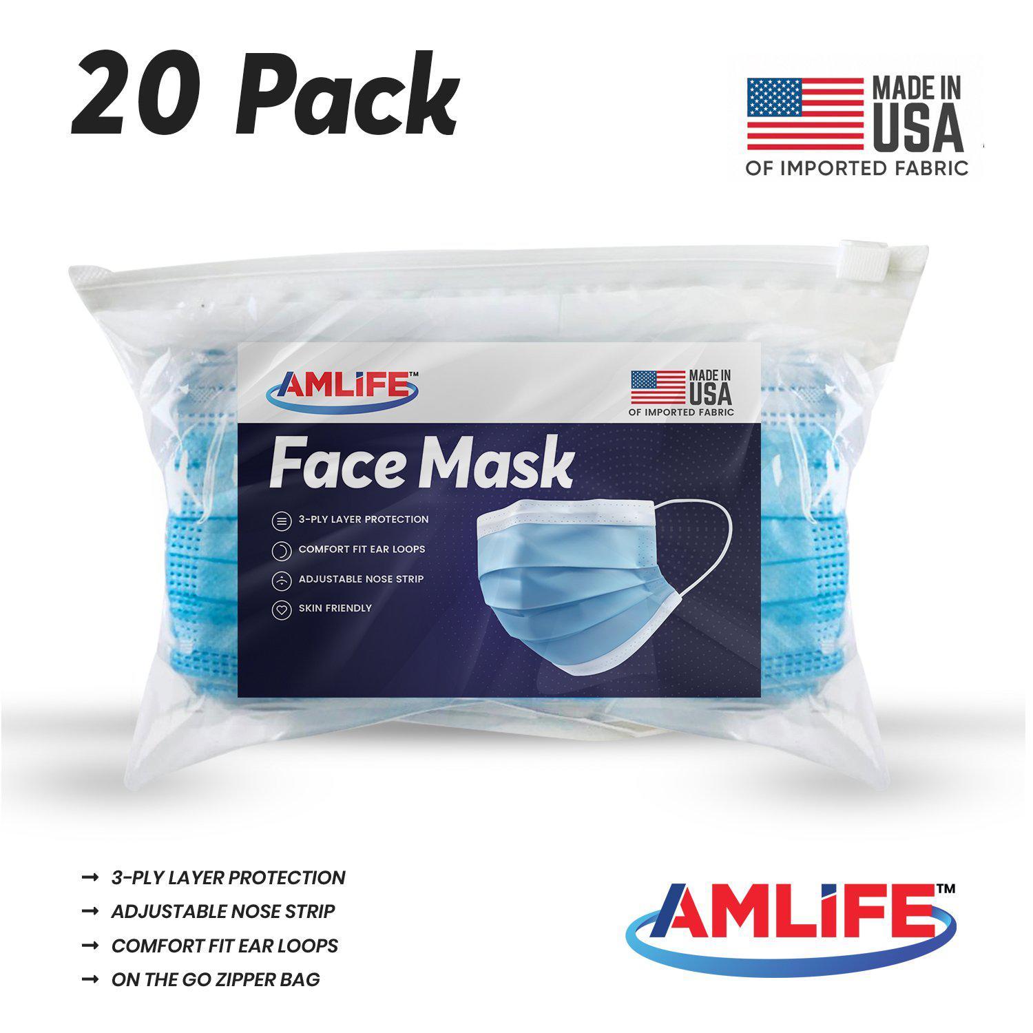 Amlife 20 Pack of Face Masks Blue Made in USA Imported Fabric-