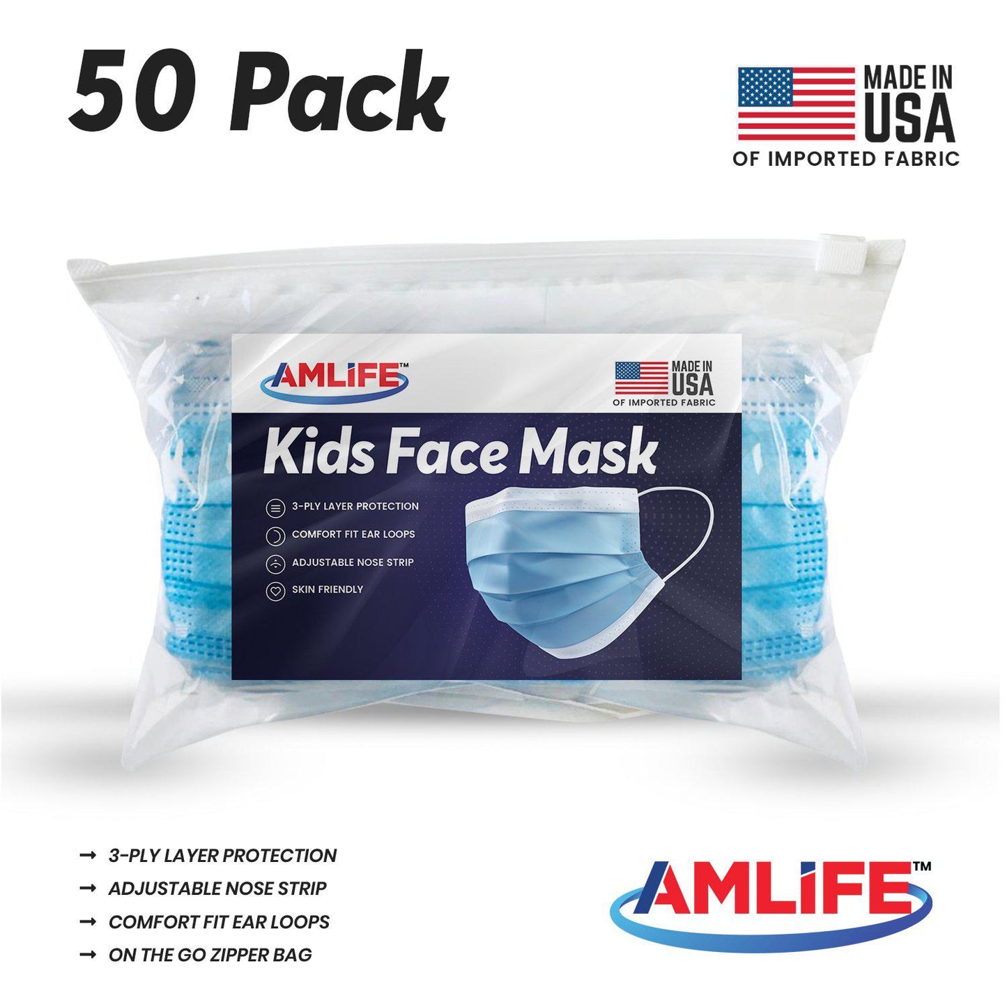 AMLIFE Kids Size Face Masks Youth Children Boys Girls Youth Mask Made in USA Imported Fabric-50 Pack-