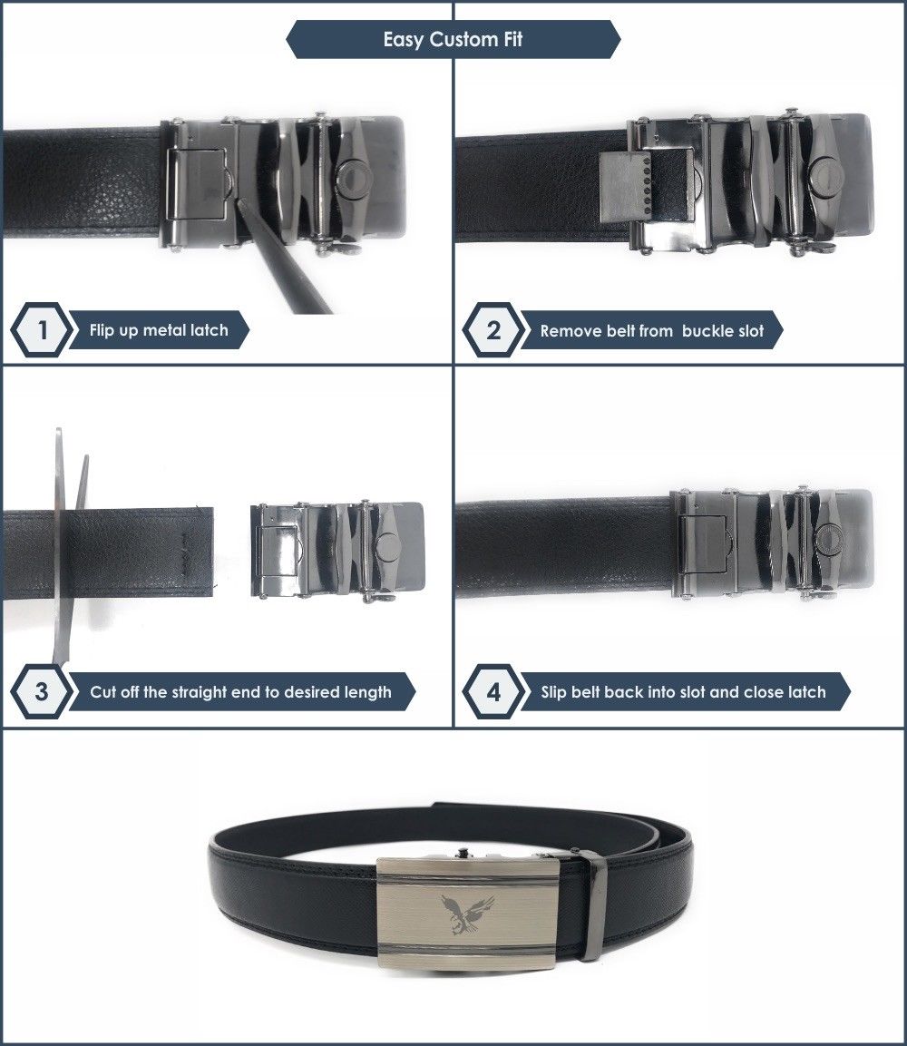Leather Mens Ratchet Belt Sliding Adjustable Automatic Buckle Cut to Size-Black Diamond-