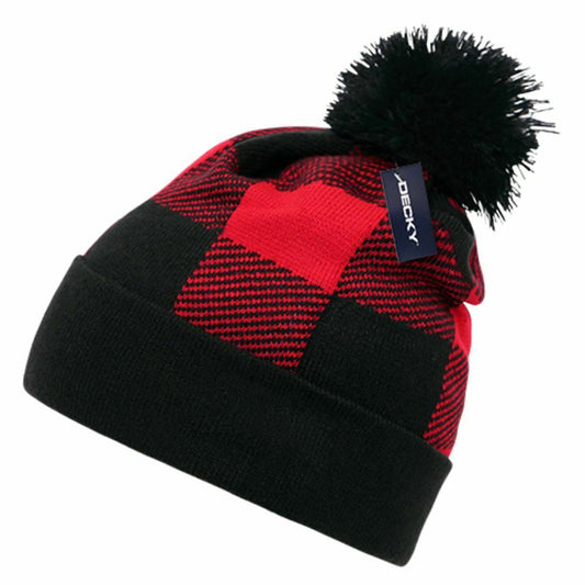 Decky Pom Plaid Beanies Winter Warm-Red-