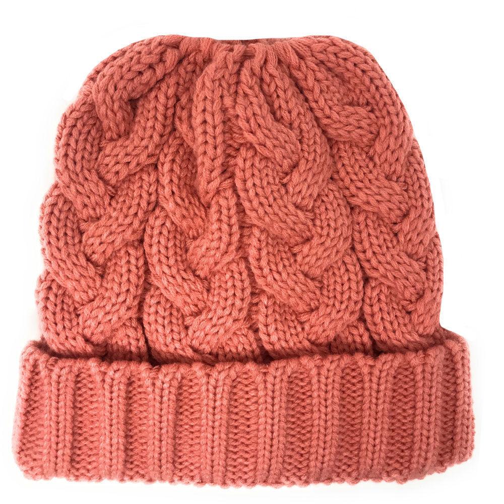 Casaba Womens Ponytail Hair Bun Hole Cuffed Beanie Toboggan Cap Hat Warm Knitted-Black-