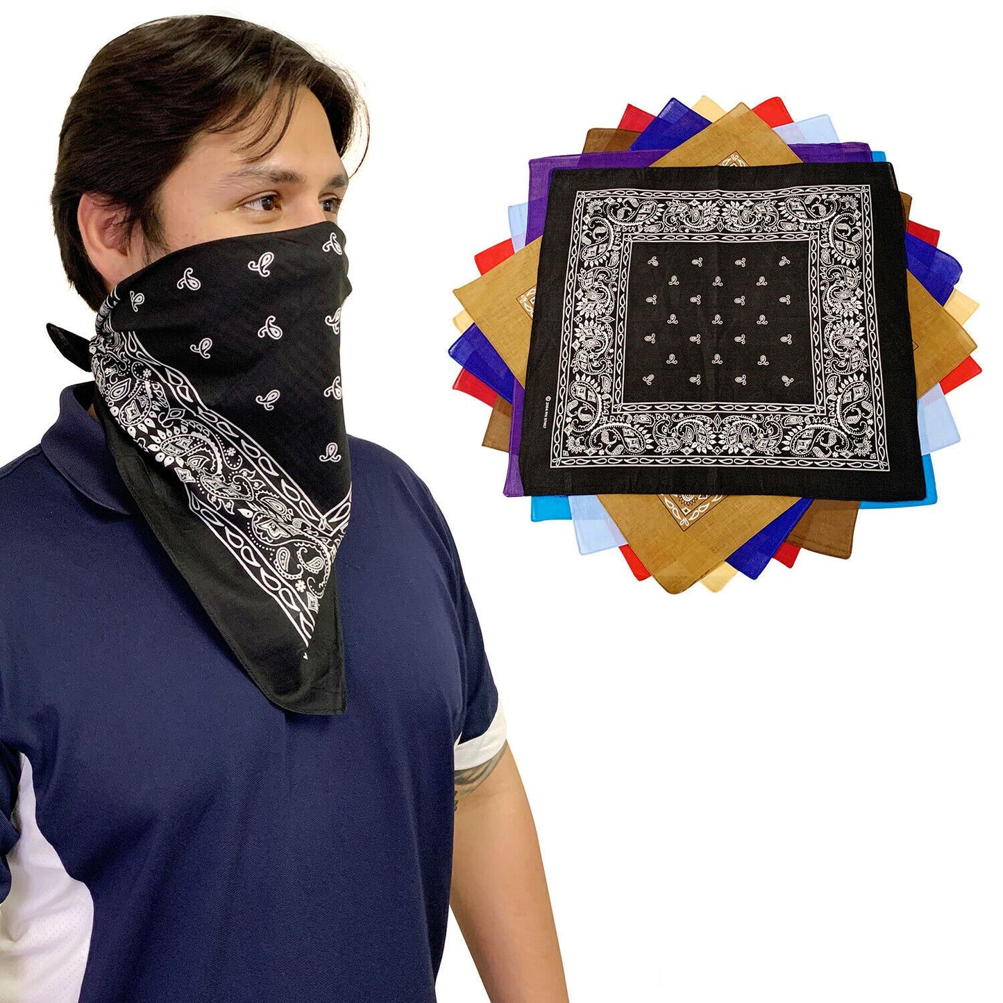 1 Dozen Paisley Printed Bandanas 100% Cotton Cloth Scarf Wrap Washable-Black-