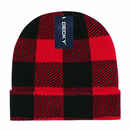 Decky Long Plaid Beanie Cuffed Hat For Winter Warm-Red-