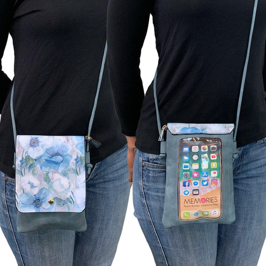 Empire Cove Designer Crossbody Bag with Clear Touchscreen Window Wallet Pouch-Blue Floral-