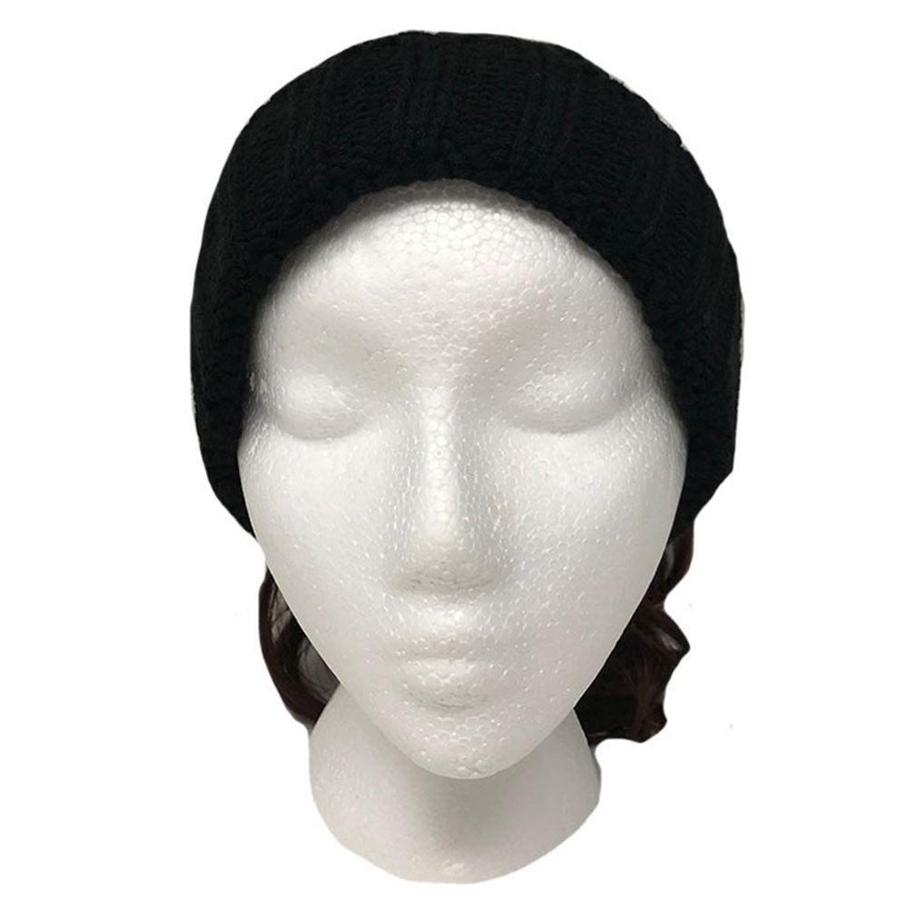 Casaba Womens Ponytail Hair Bun Hole Cuffed Beanie Toboggan Cap Hat Warm Knitted-Black-