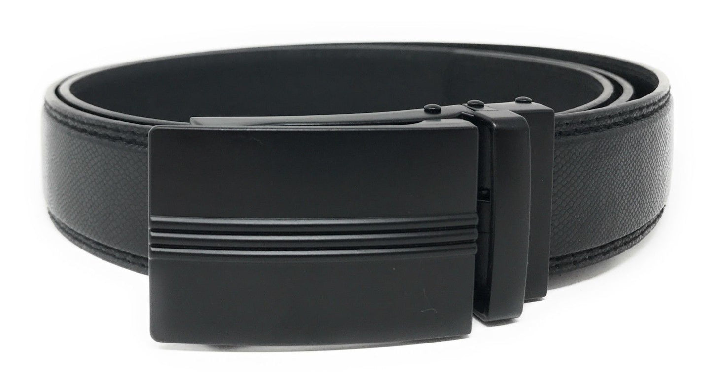 Leather Mens Ratchet Belt Sliding Adjustable Automatic Buckle Cut to Size-Black Lines-
