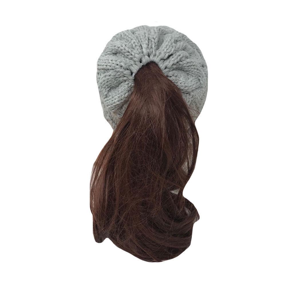 Casaba Womens Ponytail Hair Bun Hole Cuffed Beanie Toboggan Cap Hat Warm Knitted-Black-