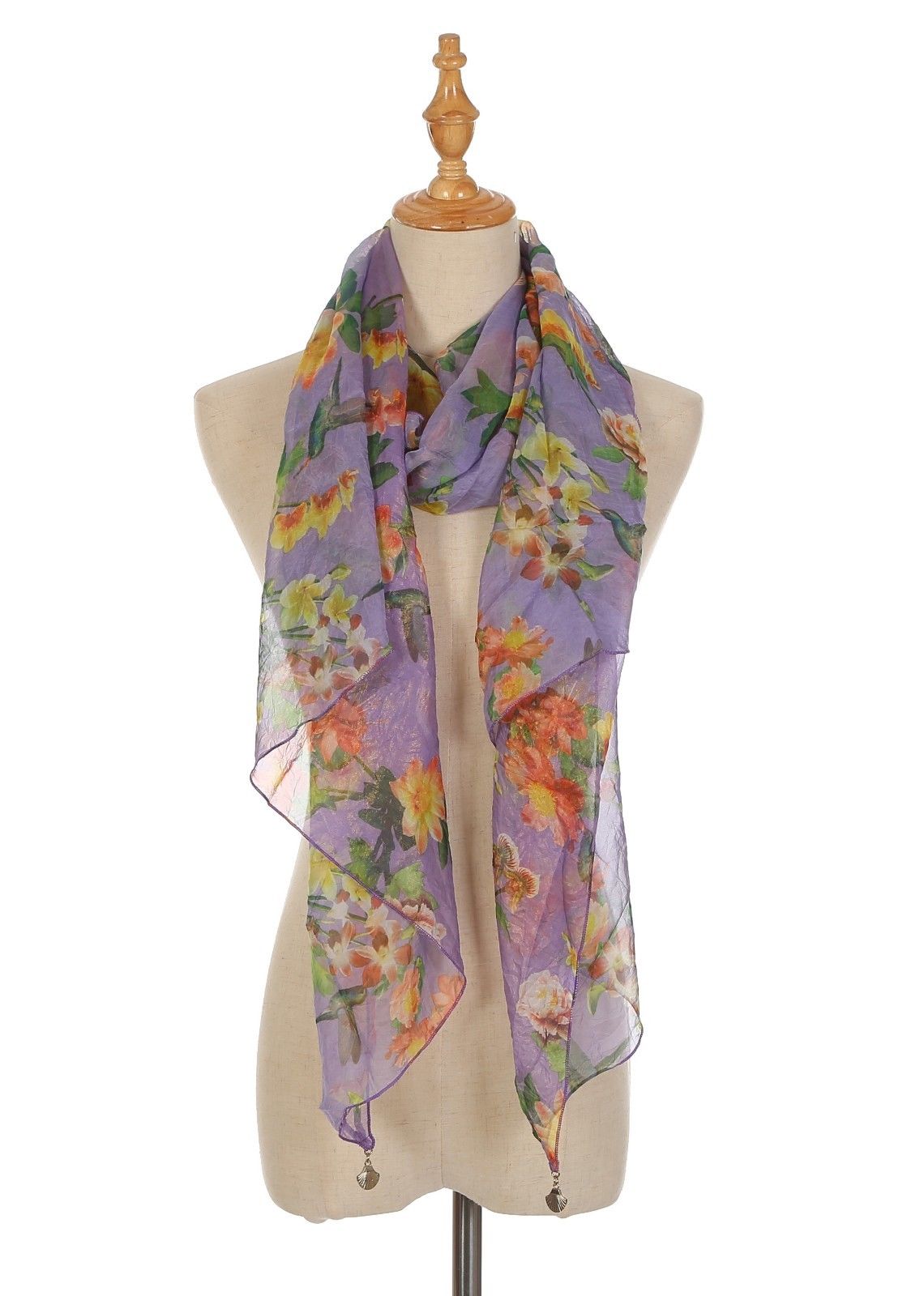 Casaba Womens Floral Birds Sheer Scarves Scarf Convertible Poncho Top Light Wrap-Purple-