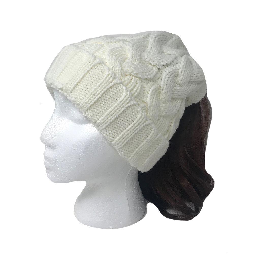 Casaba Womens Ponytail Hair Bun Hole Cuffed Beanie Toboggan Cap Hat Warm Knitted-Black-