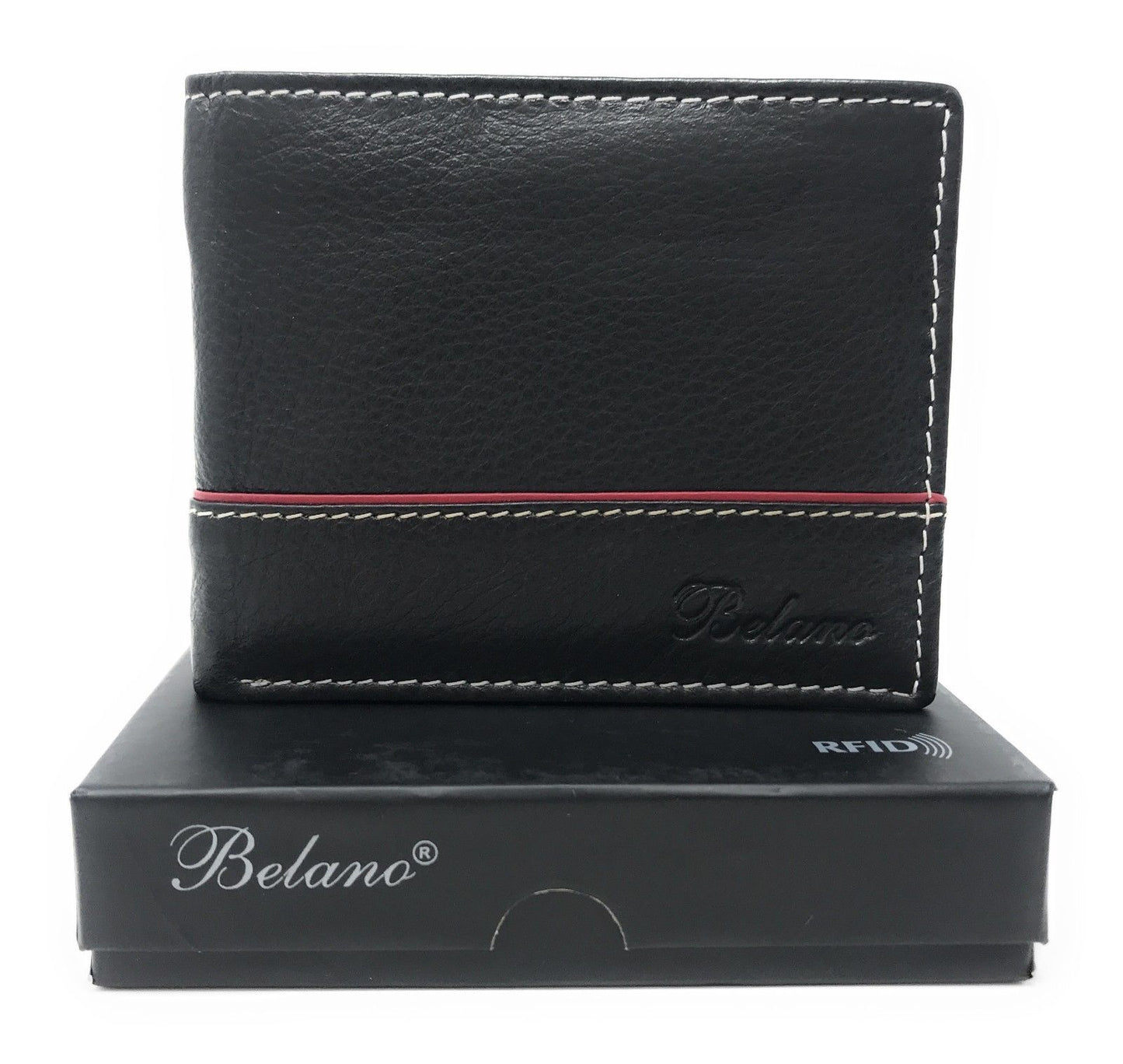 Belano RFID Blocking Real Leather Bifold Wallets for Cards ID with Box Men Women-Black - White Styled Trim-