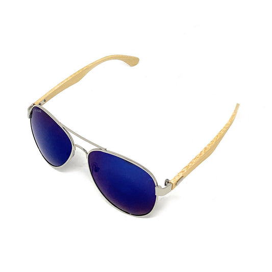 Aviator Bamboo Polarized Sunglasses Mirror Lens Driving Mens Womens With Pouch-Blue Mirror/Bamboo-