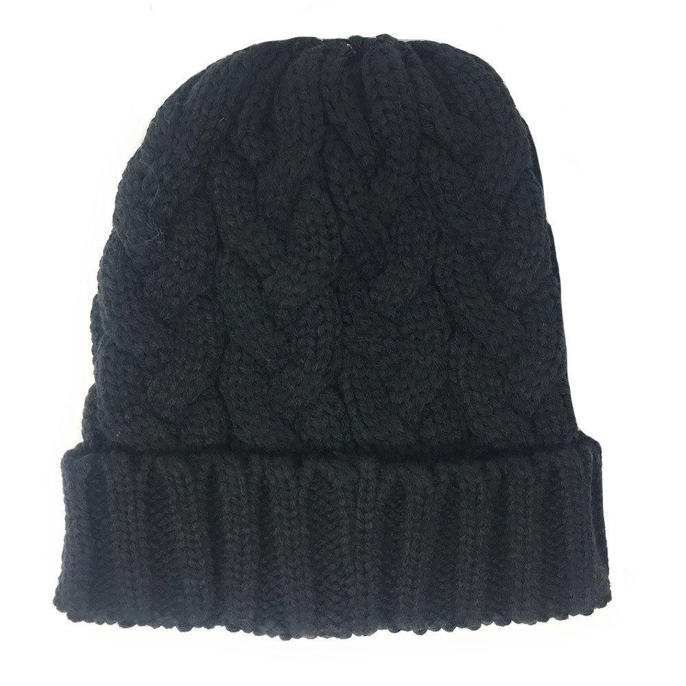 Casaba Womens Ponytail Hair Bun Hole Cuffed Beanie Toboggan Cap Hat Warm Knitted-Black-