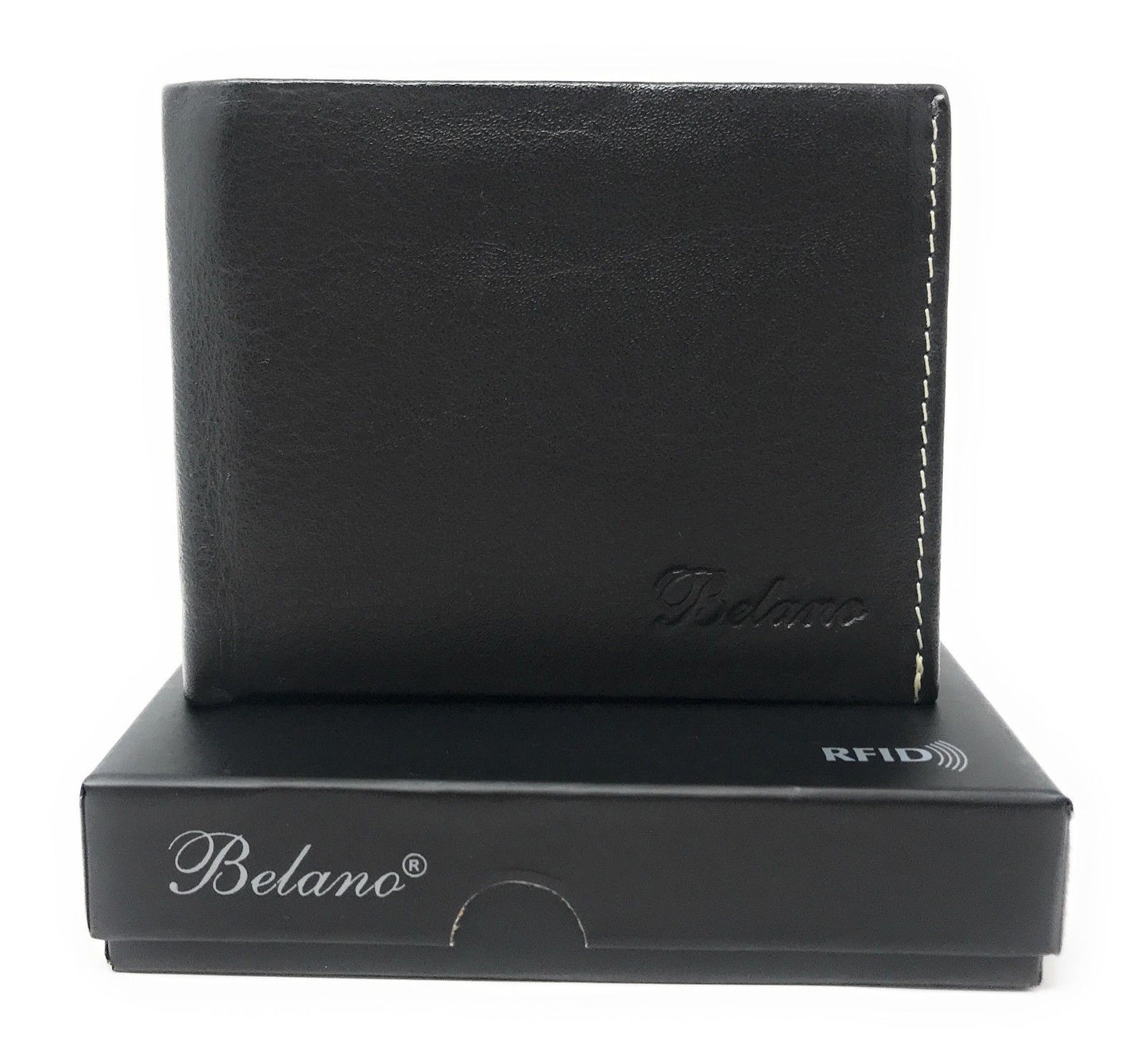 Belano RFID Blocking Real Leather Bifold Wallets for Cards ID with Box Men Women-Black - White Styled Trim-