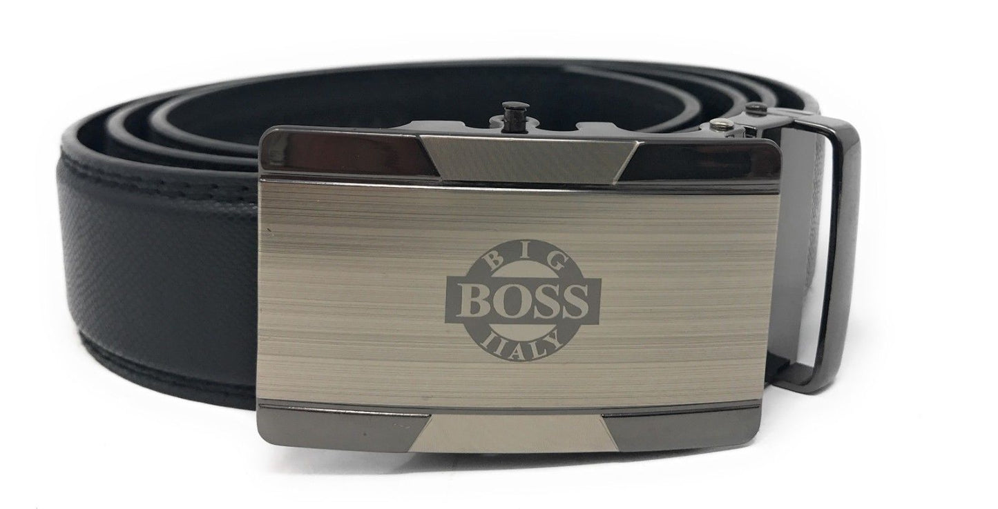 Leather Mens Ratchet Belt Sliding Adjustable Automatic Buckle Cut to Size-Silver Big Boss Italy-