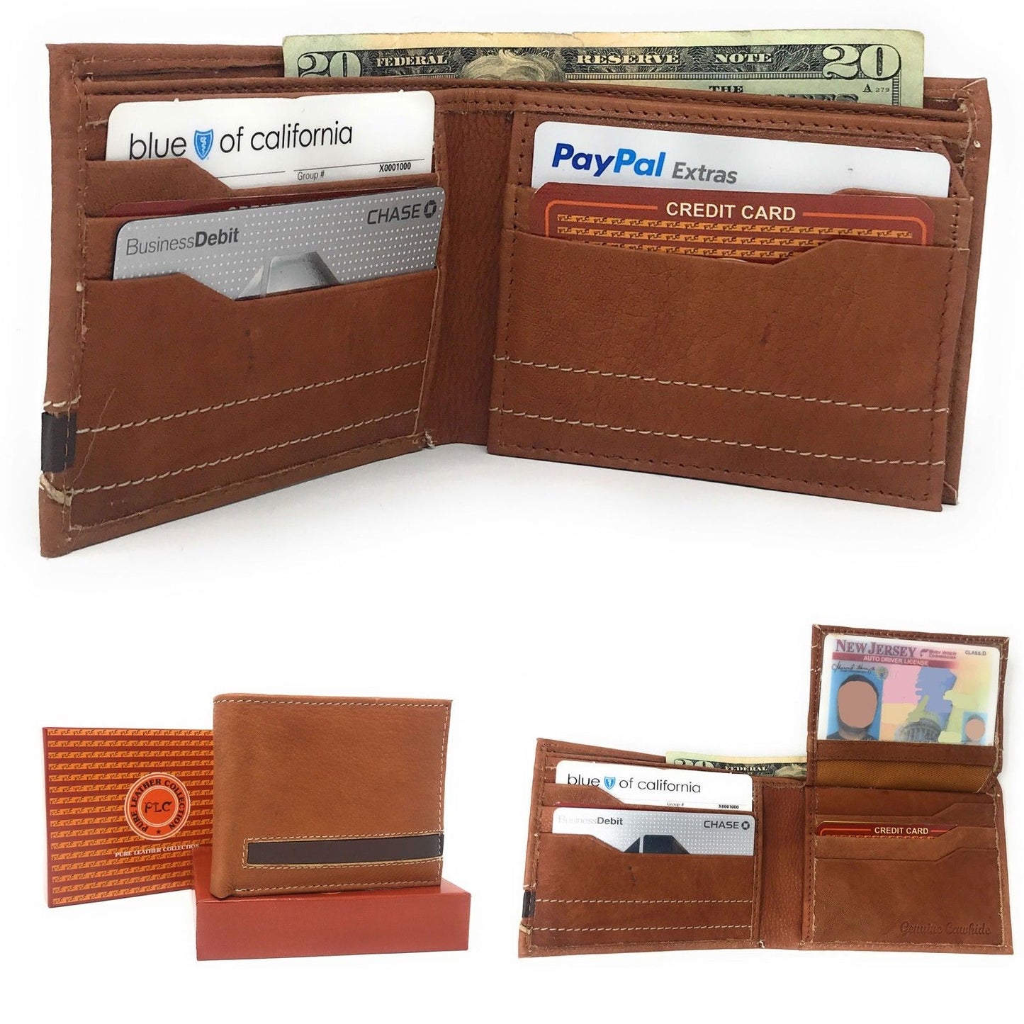 Casaba Genuine Leather Bifold Wallets Cash Slots ID Coin Key Pocket Mens Womens-Black (Double ID)-