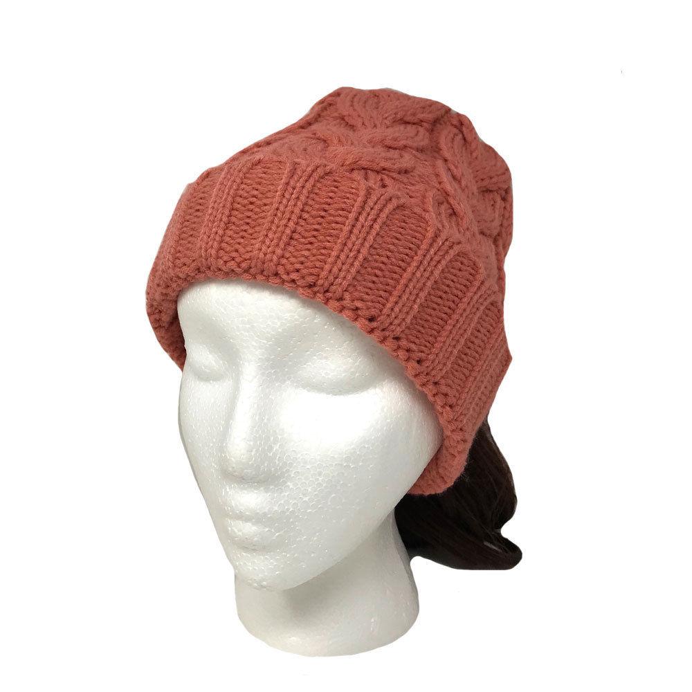 Casaba Womens Ponytail Hair Bun Hole Cuffed Beanie Toboggan Cap Hat Warm Knitted-Black-