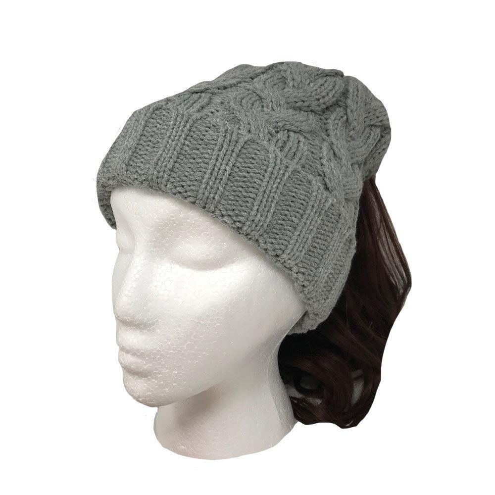 Casaba Womens Ponytail Hair Bun Hole Cuffed Beanie Toboggan Cap Hat Warm Knitted-Black-