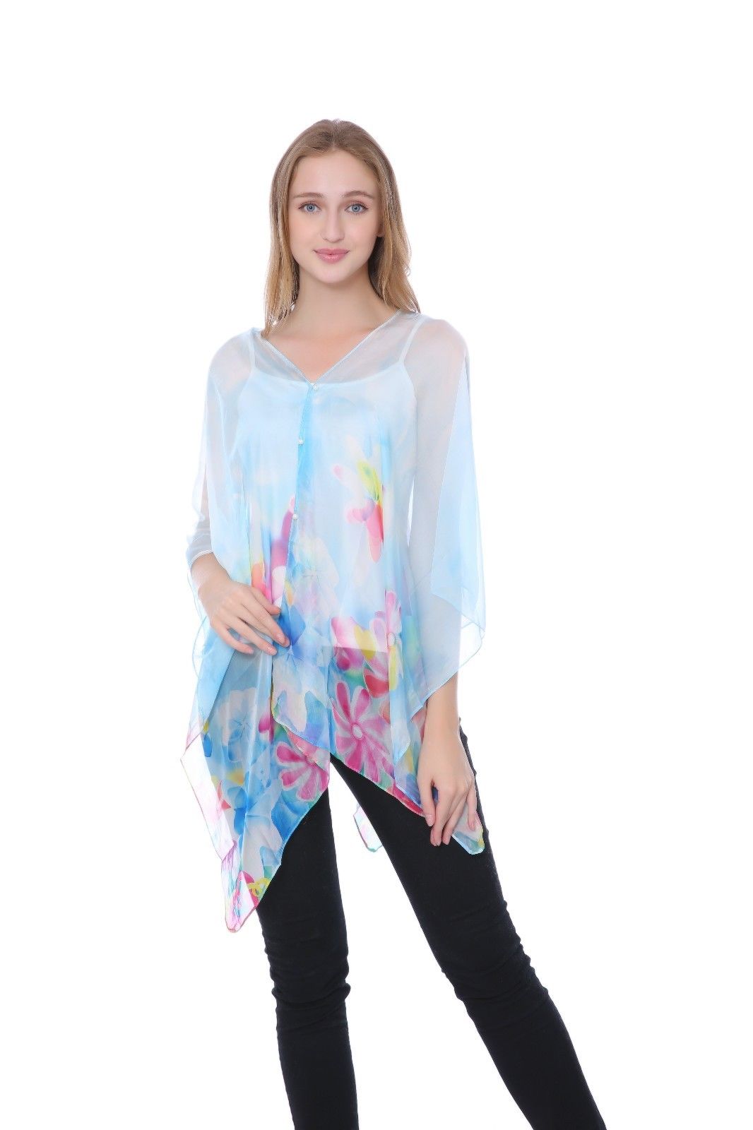 Casaba Womens Floral Sheer Poncho Top Kimono Cover Up-Chiffon Feel Light Wrap-Blue-