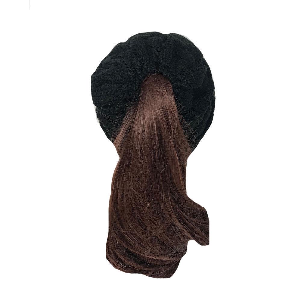 Casaba Womens Ponytail Hair Bun Hole Cuffed Beanie Toboggan Cap Hat Warm Knitted-Black-