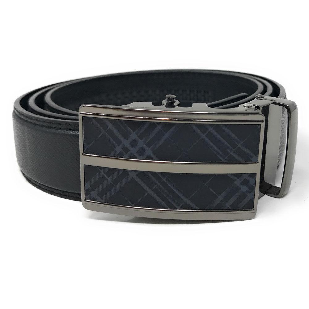 Leather Mens Ratchet Belt Sliding Adjustable Automatic Buckle Cut to Size-Black Plaid-