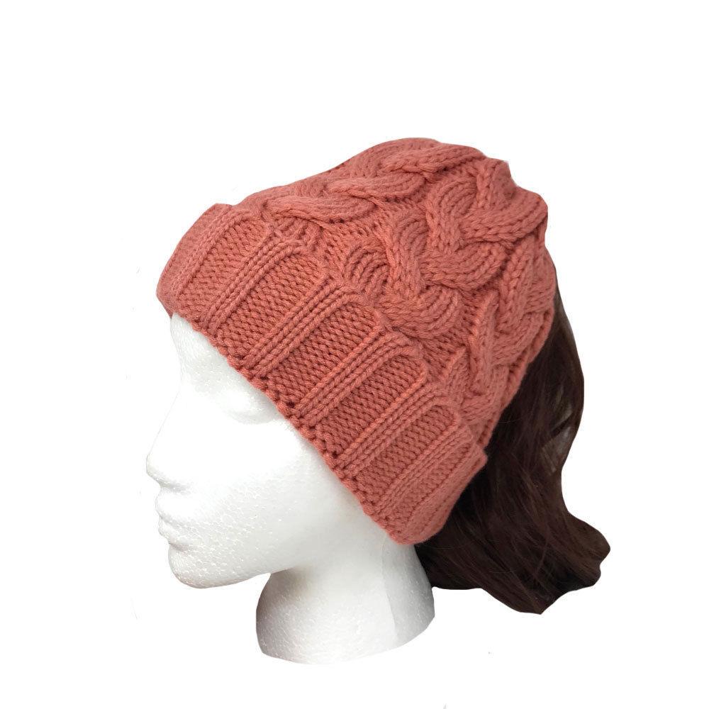 Casaba Womens Ponytail Hair Bun Hole Cuffed Beanie Toboggan Cap Hat Warm Knitted-Mauve-