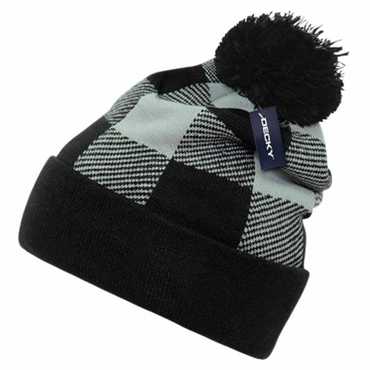 Decky Pom Plaid Beanies Winter Warm-Black-