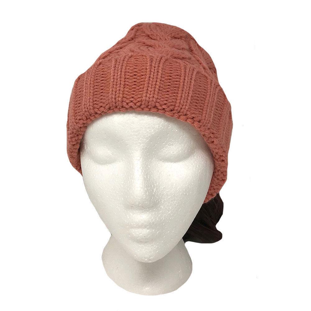 Casaba Womens Ponytail Hair Bun Hole Cuffed Beanie Toboggan Cap Hat Warm Knitted-Black-