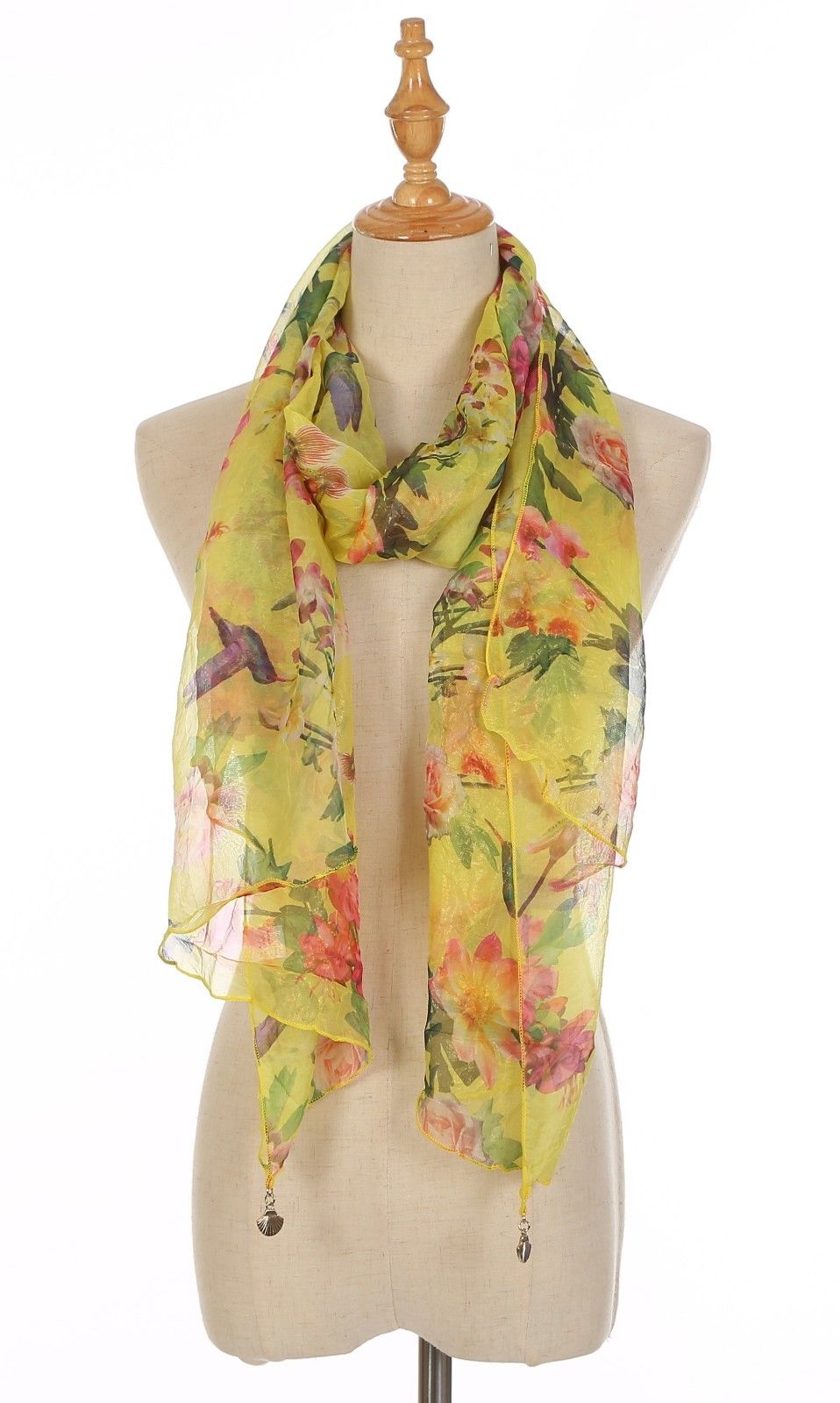 Casaba Womens Floral Birds Sheer Scarves Scarf Convertible Poncho Top Light Wrap-Yellow-