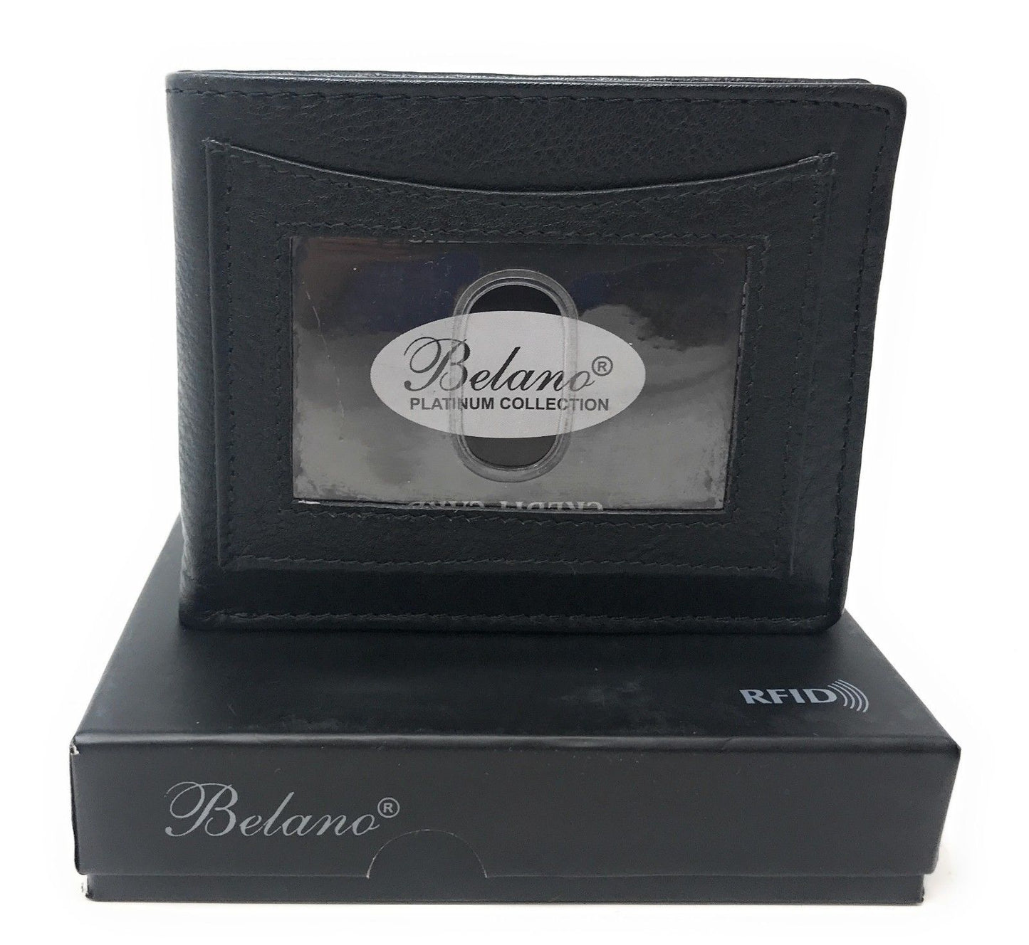 Belano RFID Blocking Real Leather Bifold Wallets for Cards ID with Box Men Women-Black - Outer ID Window-