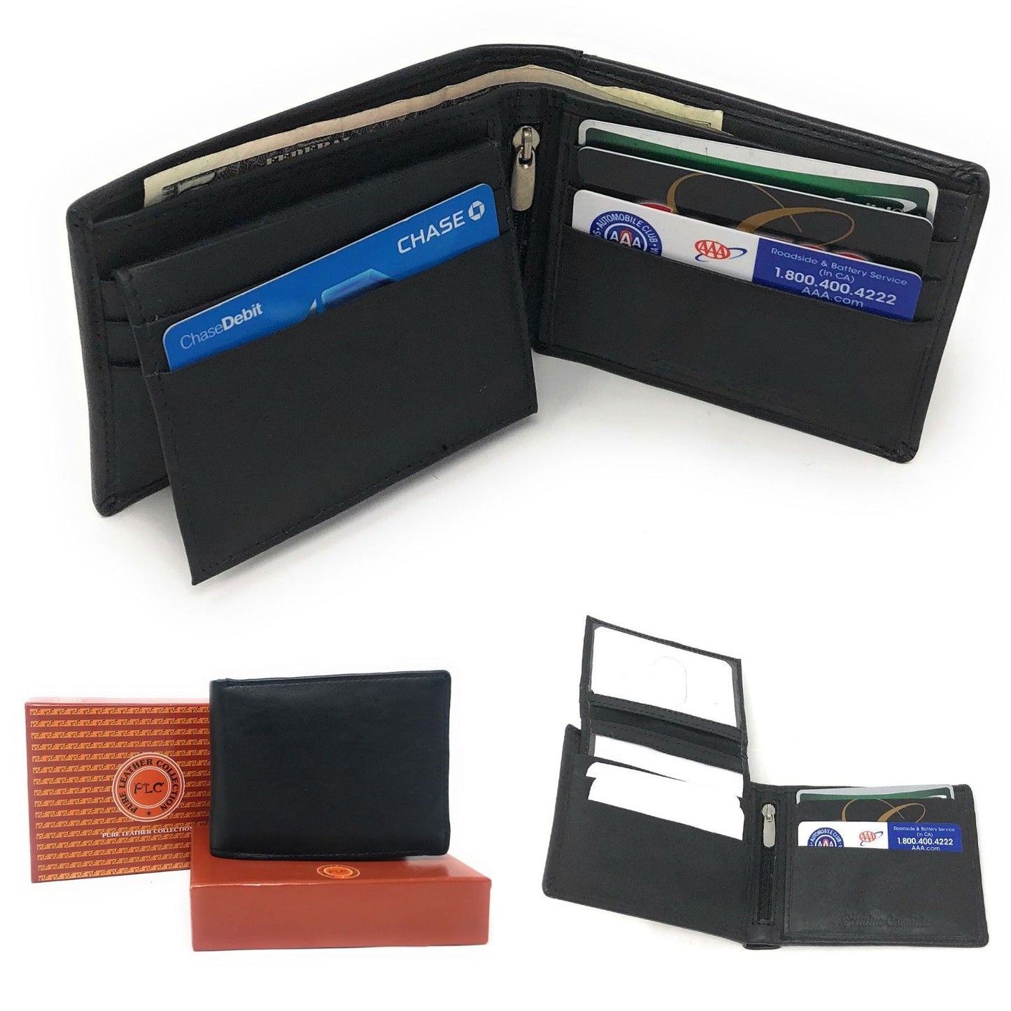 Casaba Genuine Leather Bifold Wallets Cash Slots ID Coin Key Pocket Mens Womens-Black (Flip Up Id)-
