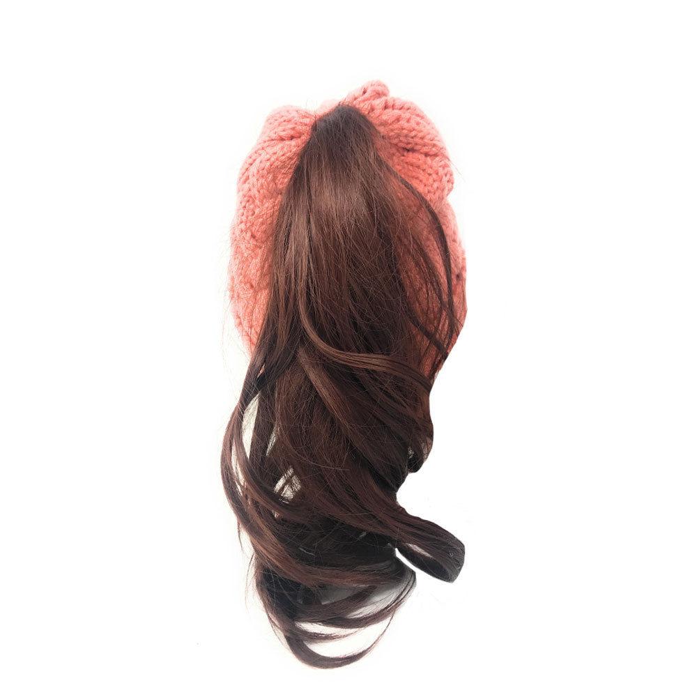 Casaba Womens Ponytail Hair Bun Hole Cuffed Beanie Toboggan Cap Hat Warm Knitted-Black-