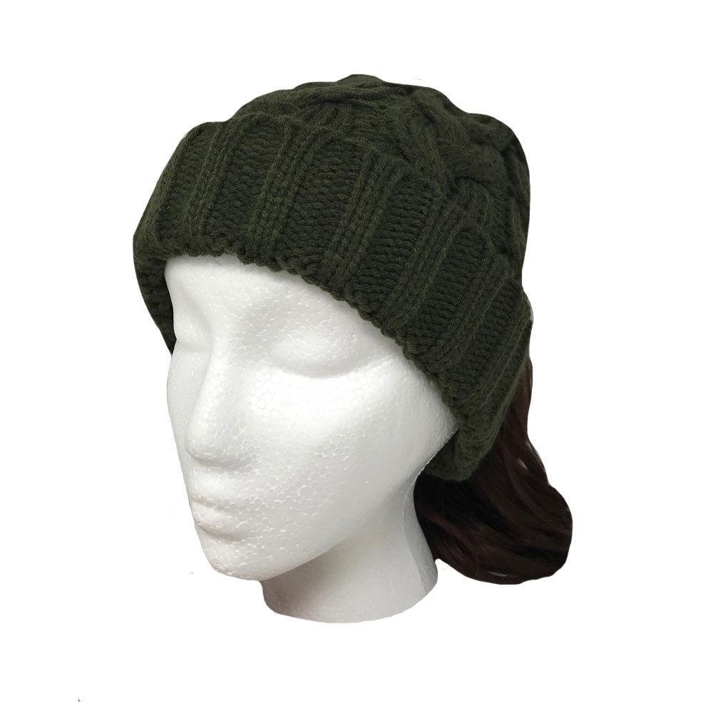 Casaba Womens Ponytail Hair Bun Hole Cuffed Beanie Toboggan Cap Hat Warm Knitted-Black-
