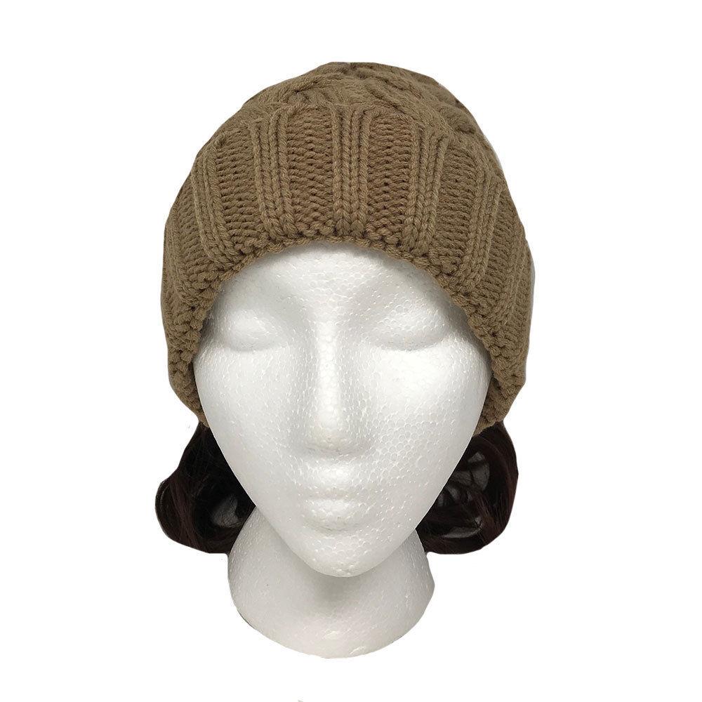 Casaba Womens Ponytail Hair Bun Hole Cuffed Beanie Toboggan Cap Hat Warm Knitted-Black-