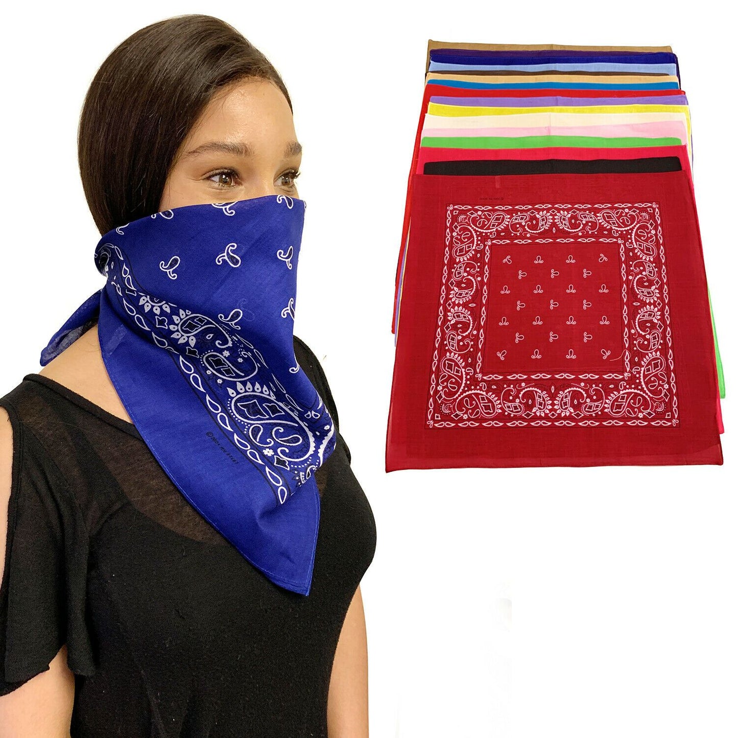 1 Dozen Paisley Printed Bandanas 100% Cotton Cloth Scarf Wrap Washable-Black-